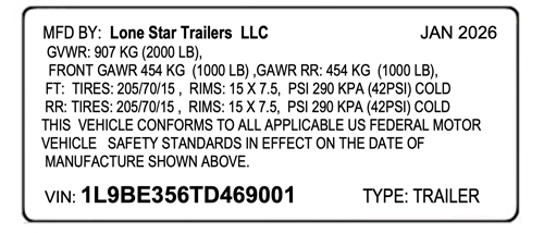 sample Tire Placard label for sale